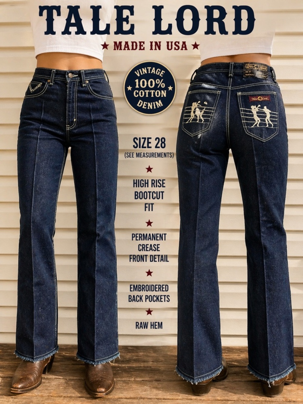 Tale Lord USA Jeans 28x33 Dark Denim Western Crease Bootcut Vintage NWT